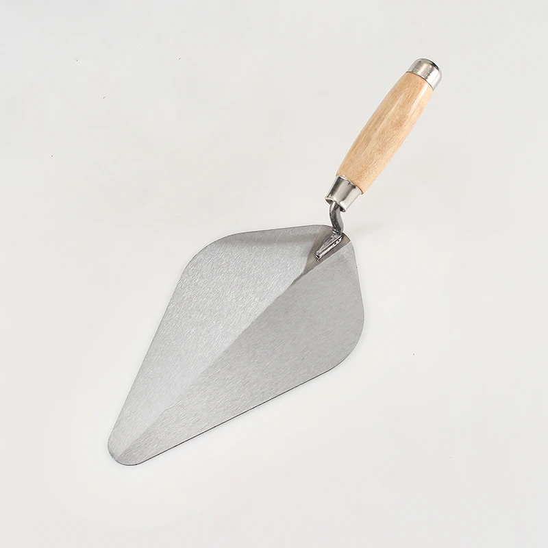 Bricklaying knife with wooden handle and large pointed tip