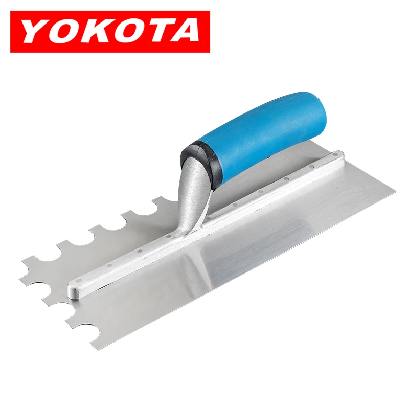 Yokota trowel with blue plastic handle and large U-shaped teeth