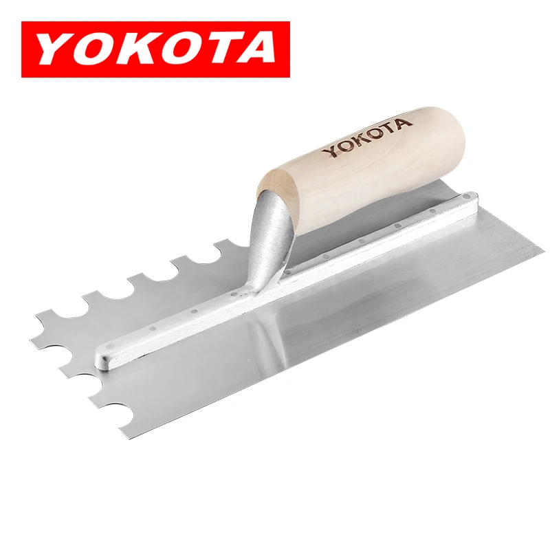 Yokota trowel with wooden handle and large U-shaped teeth